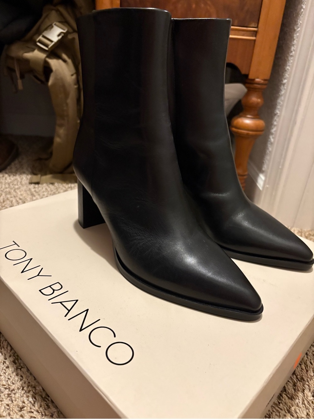 Tony Bianco Black Pointed Leather Ankle Boots